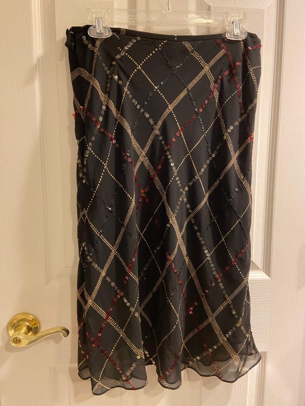 Vintage Silk Casual Corner Black Midi Skirt with Gold & Red Sequin Grid EUC